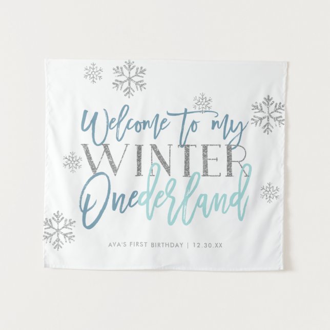 Winter ONEderland Silver Glitter Blue Welcome Sign Tapestry (Front (Horizontal))