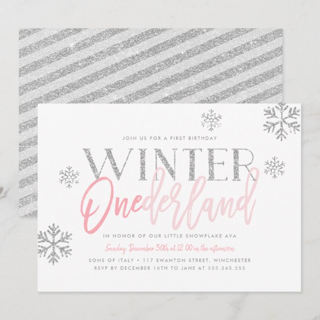 Winter ONEderland Silver Glitter Pink 1st Birthday Invitation (Front/Back)