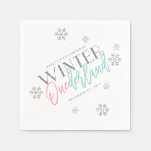 Winter ONEderland Silver Glitter Pink 1st Birthday Napkin