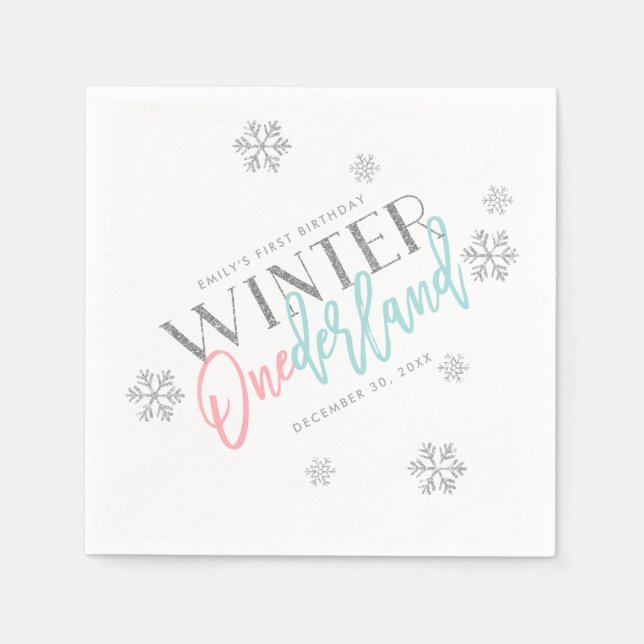 Winter ONEderland Silver Glitter Pink 1st Birthday Napkin (Front)