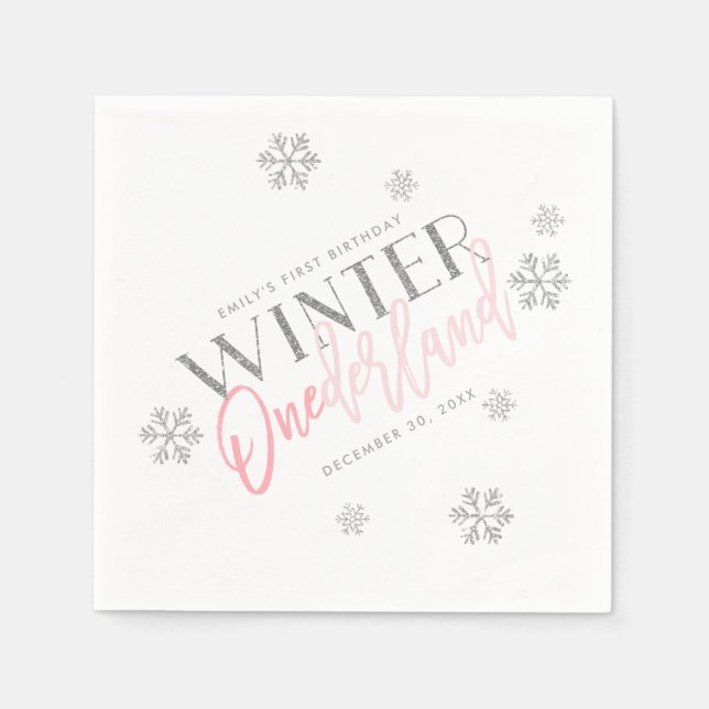 Winter ONEderland Silver Glitter Pink 1st Birthday Napkin (Front)