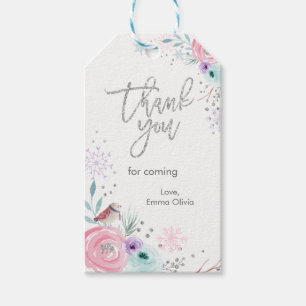 Winter ONEderland Silver Glitter Pink Floral Gift Tags