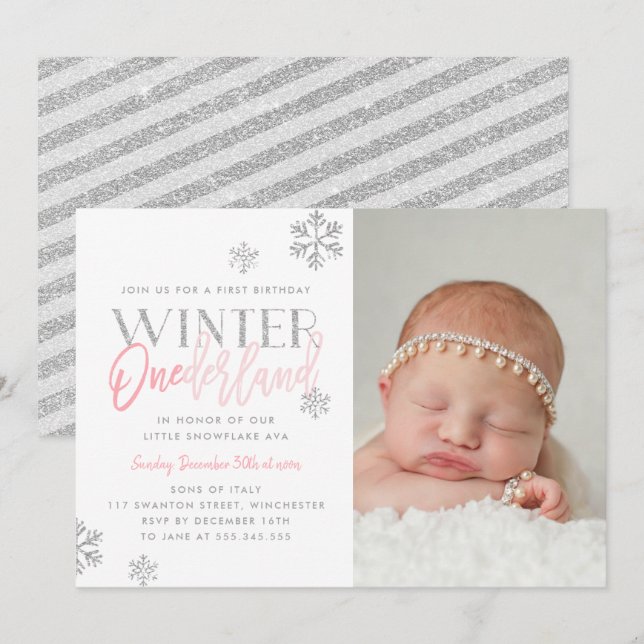 Winter ONEderland Silver Pink 1st Birthday Photo Invitation (Front/Back)