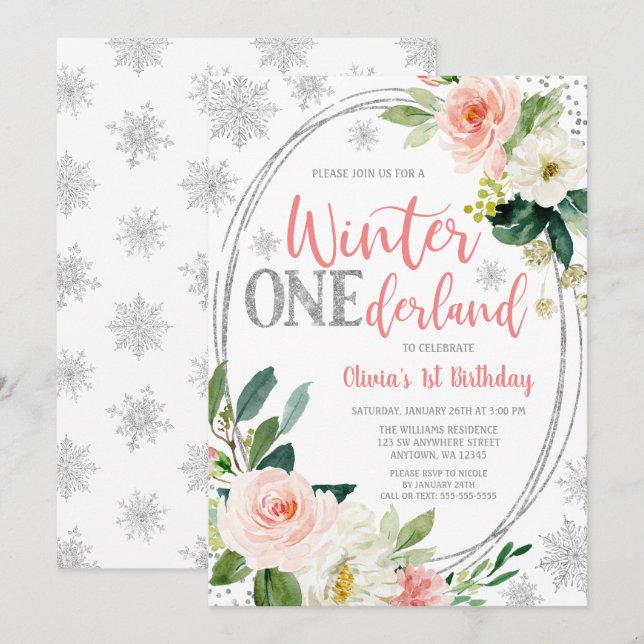Winter ONEderland Silver Pink Floral Birthday Invitation (Front/Back)