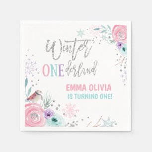 Winter ONEderland Silver Pink Floral Snowflake Napkin