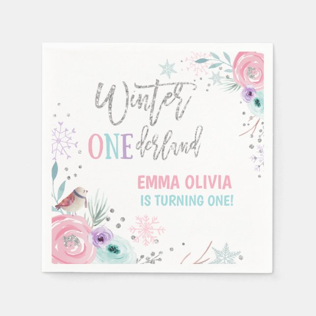 Winter ONEderland Silver Pink Floral Snowflake Napkin (Front)