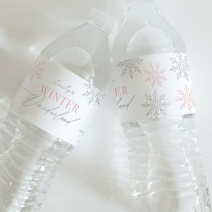 Winter Onederland Silver Pink Glitter 1st Birthday Water Bottle Label