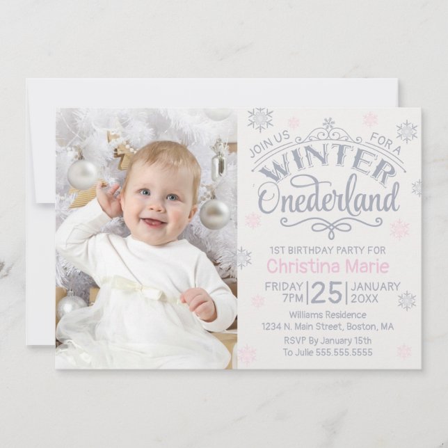 Winter Onederland Silver Pink Snowflake 1st Invitation (Front)