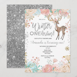 Winter ONEderland Snow Birthday Invitation Silver