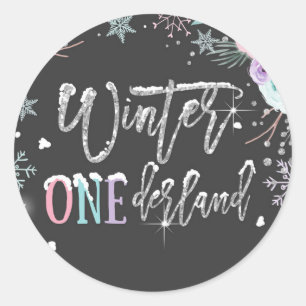 Winter ONEderland Snow Dark Silver First Birthday Classic Round Sticker