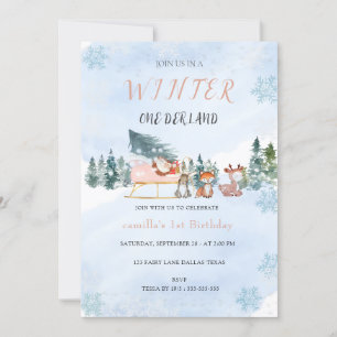 Winter Onederland Snowflake Animal Birthday  Invitation