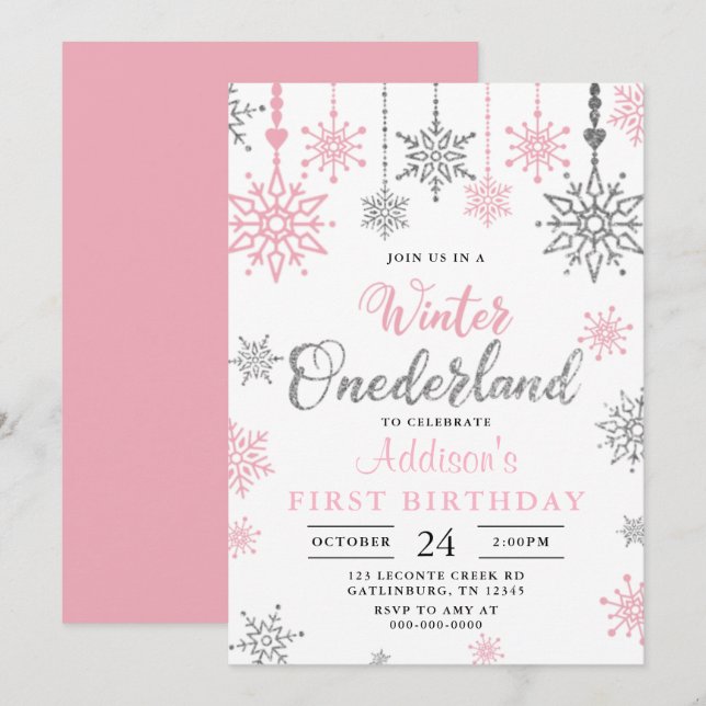 Winter onederland snowflake birthday invitation (Front/Back)