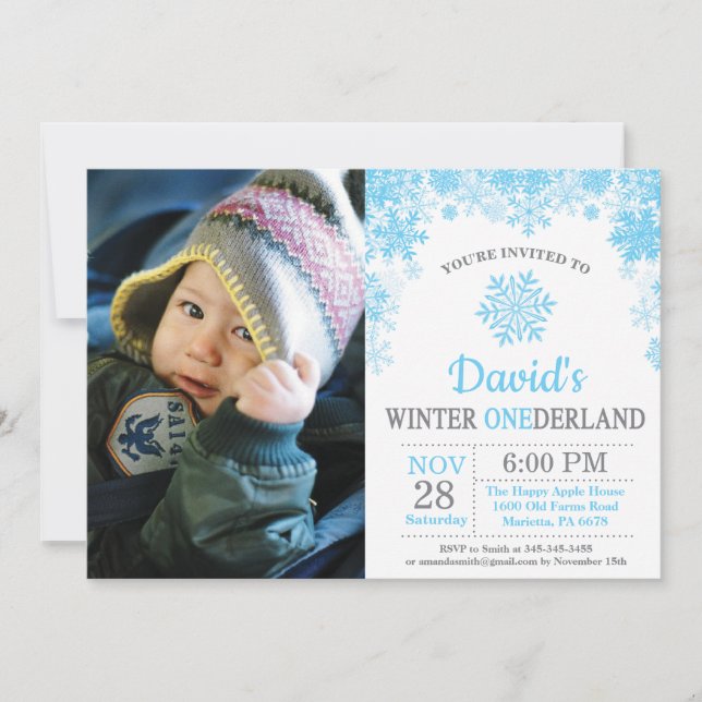 Winter Onederland Snowflake Blue Boy 1st Birthday Invitation (Front)