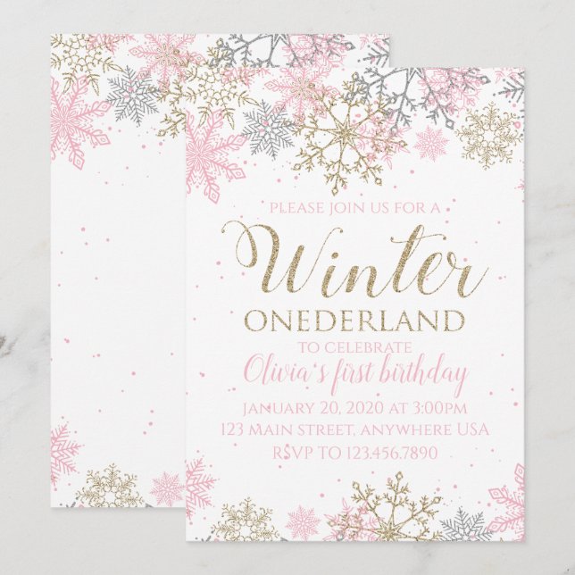 Winter Onederland Snowflake First Birthday Invite (Front/Back)
