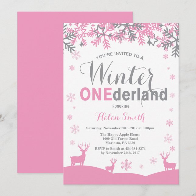 Winter Onederland Snowflake Girl 1st Birthday Invitation (Front/Back)
