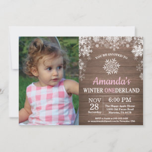 Winter Onederland Snowflake Pink Girl 1st Birthday Invitation