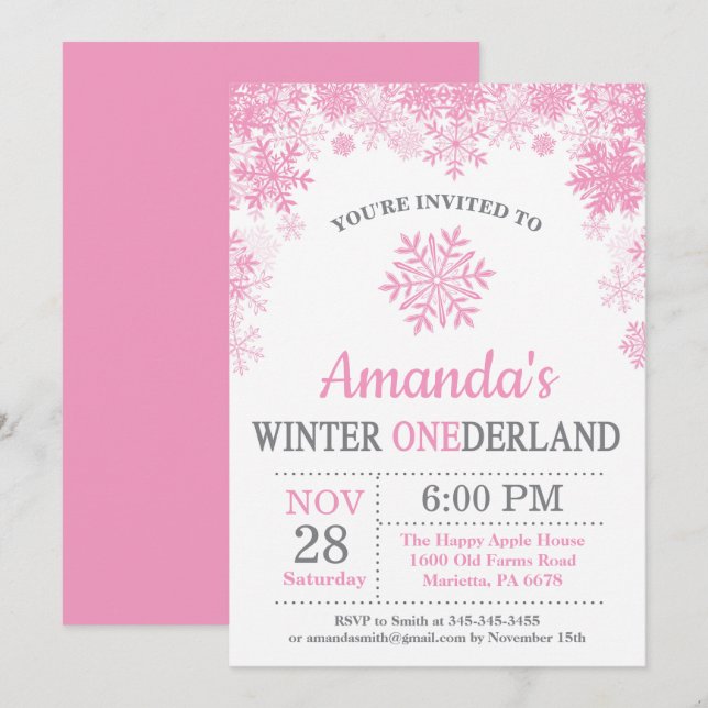 Winter Onederland Snowflake Pink Girl 1st Birthday Invitation (Front/Back)