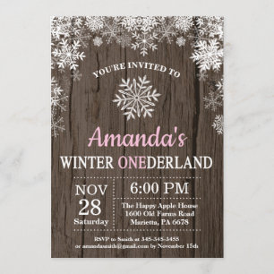 Winter Onederland Snowflake Pink Girl 1st Birthday Invitation