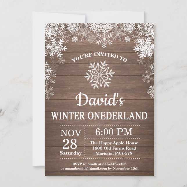 Winter Onederland Snowflake Rustic 1st Birthday Invitation (Front)