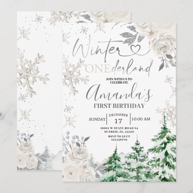 Winter Onederland Snowflake White Floral Birthday  Invitation (Front/Back)