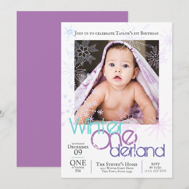 Winter Onederland Snowflakes Baby's 1st Birthday Invitation (Front/Back)
