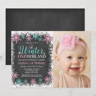 Winter ONEderland Teal Chalkboard 1st Birthday Invitation