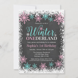Winter ONEderland Teal Chalkboard 1st Birthday Invitation