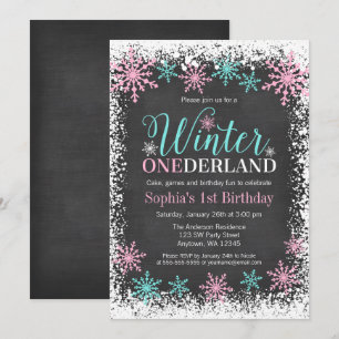 Winter ONEderland Teal Chalkboard 1st Birthday Invitation