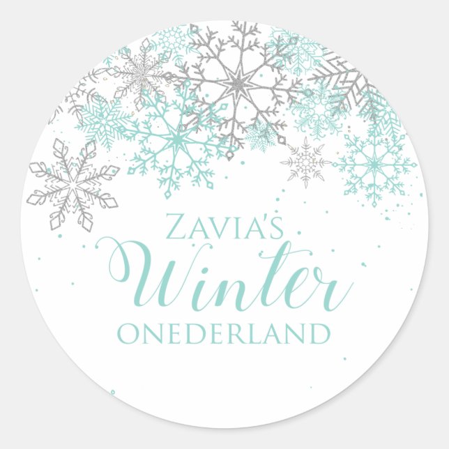 Winter Onederland Teal Silver First Birthday Classic Round Sticker (Front)