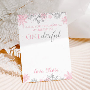 Winter ONEderland Thank You pink Silver Snowflakes Card