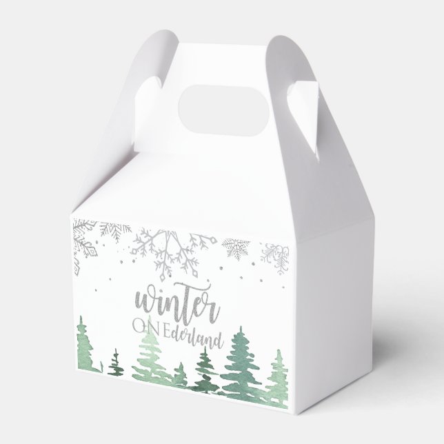 Winter Onederland Trees Silver snowflakes Favor Box (Front Side)