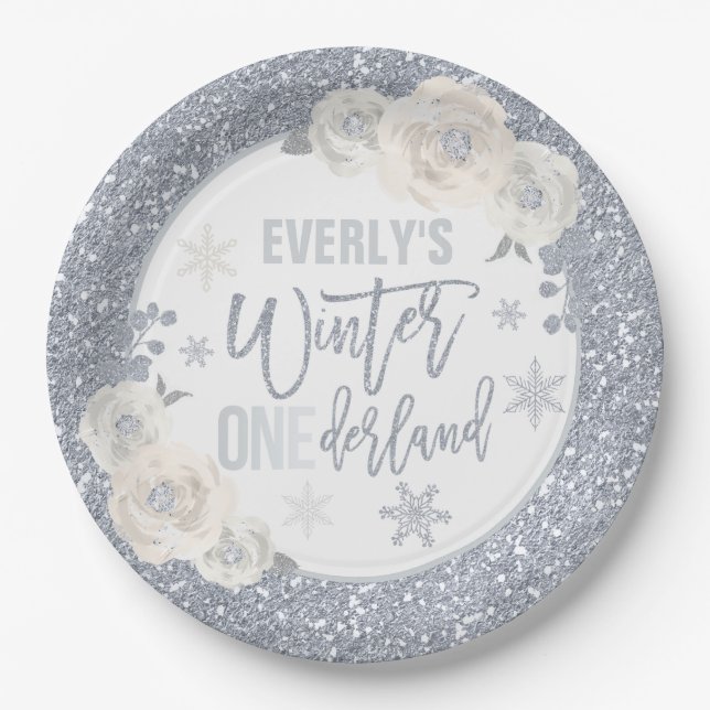 Winter ONEderland White And Silver Floral Decor  Paper Plate (Front)