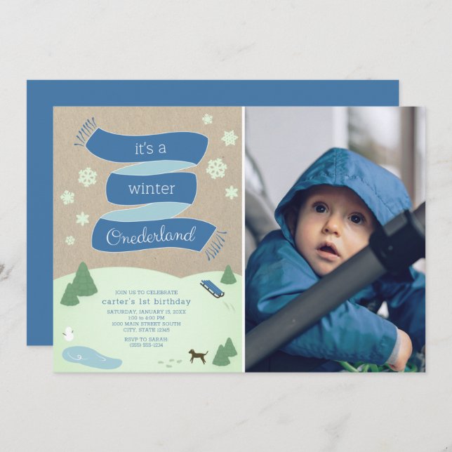 Winter Onederland Winter Scene Photo 1st Birthday Invitation (Front/Back)