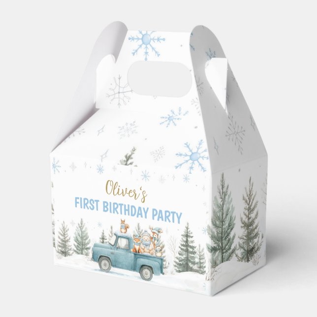 Winter Onederland Woodland Animals Birthday Favor Box (Front Side)