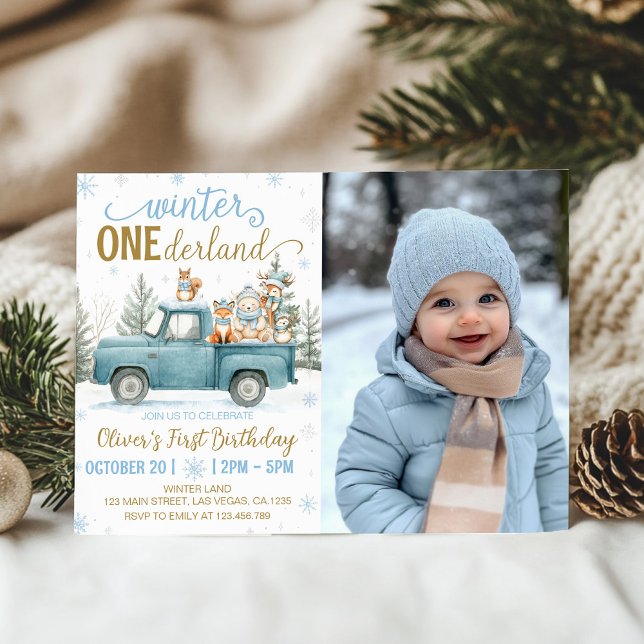 Winter Onederland Woodland Animals Birthday Photo Invitation (Creator Uploaded)