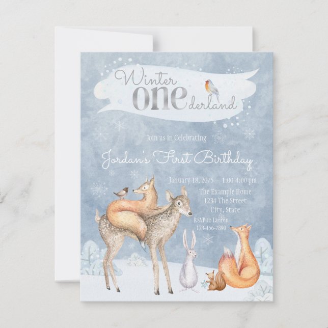 Winter ONEderland Woodland First Birthday Party Invitation (Front)