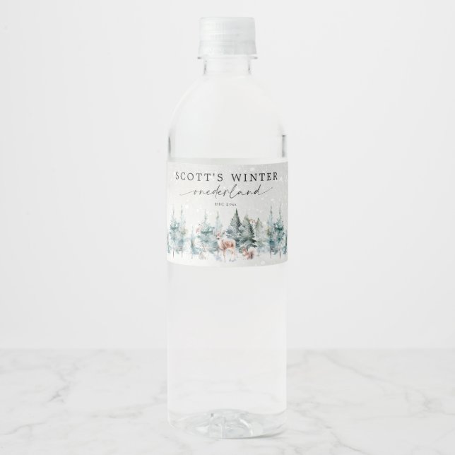Winter ONEderland Woodland Forest 1st Birthday Water Bottle Label (Front)