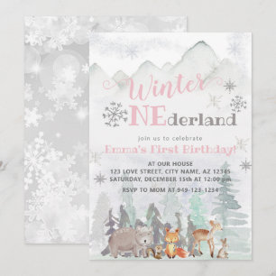 Winter ONEderland Woodland Forest Animals Birthday Invitation