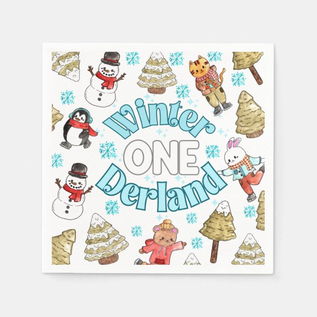 Winter onederland woodland party Paper Napkin (Front)