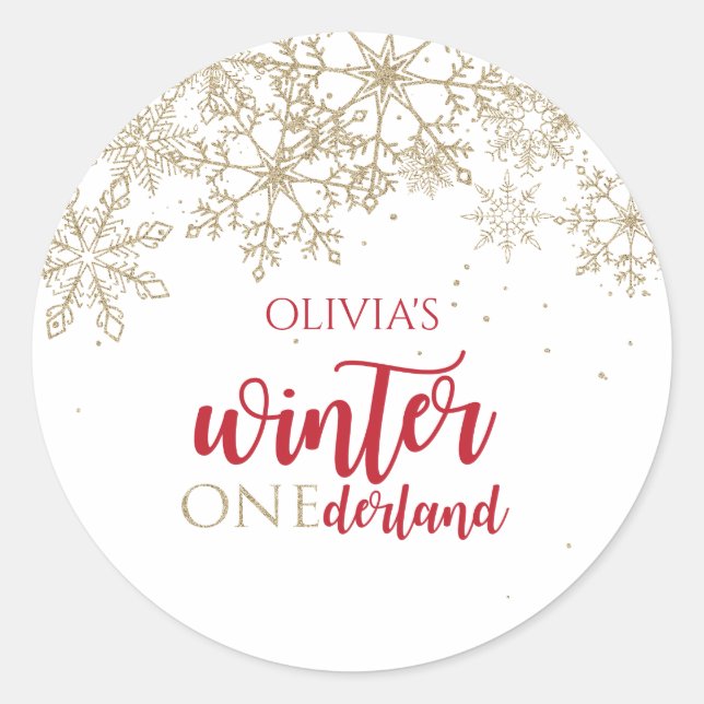 Winter ONEdernald Red and Gold Snowflake Birthday Classic Round Sticker (Front)