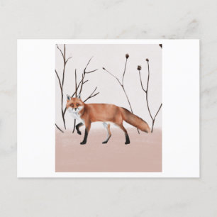 Winter orange fox walking in a portrait postcard