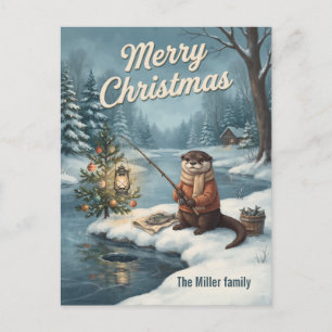 Winter Otter Ice Fishing Custom Woodland Christmas Holiday Postcard