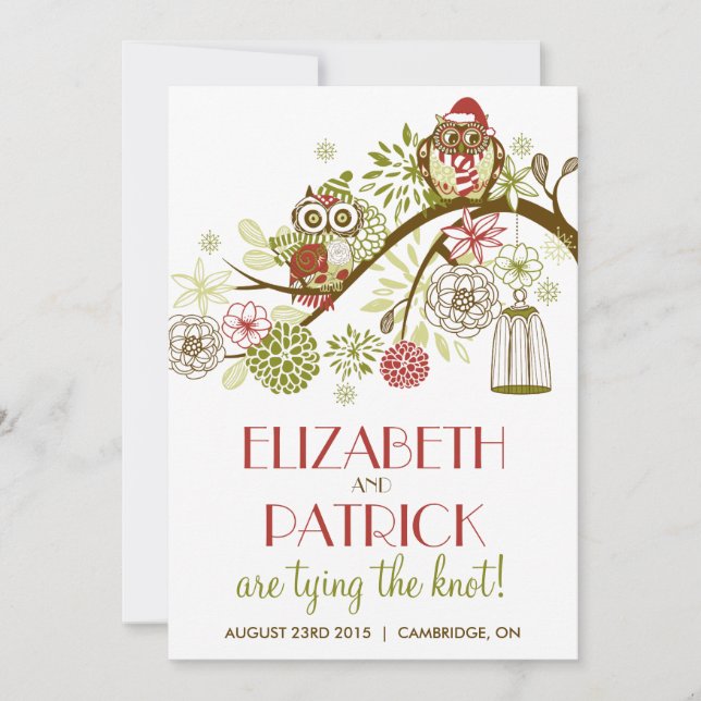 Winter Owls Floral Holiday Wedding Invitation (Front)
