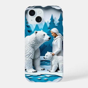 Winter Paper Art Scene With Woman And Polar Bears iPhone 15 Case