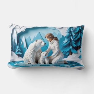 Winter Paper Art Scene With Woman And Polar Bears Lumbar Pillow