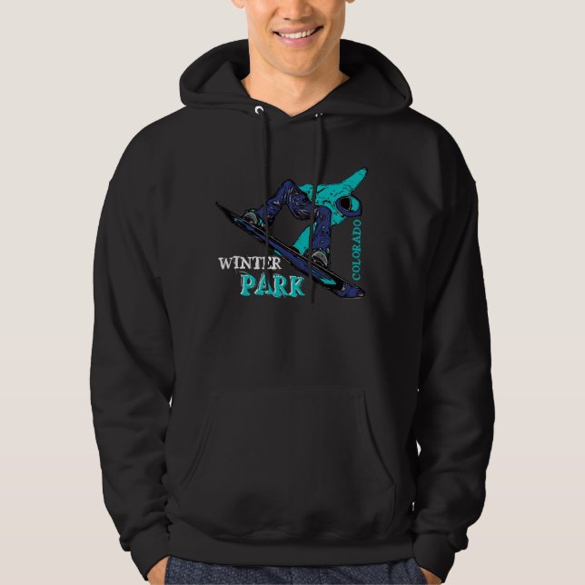Winter Park Colorado teal snowboarder guys hoodie (Front)