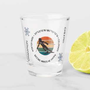 Winter Park, Colorado - Woman Skier, Black Text Shot Glass