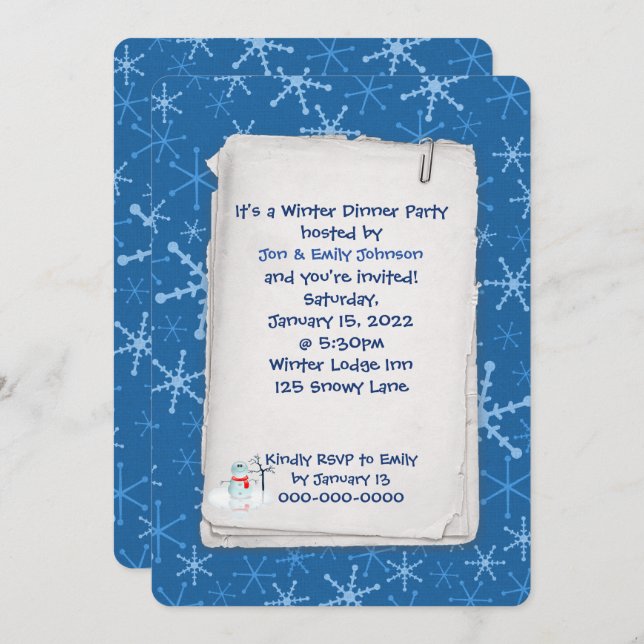 winter party blue snowflake pattern invitation (Front/Back)