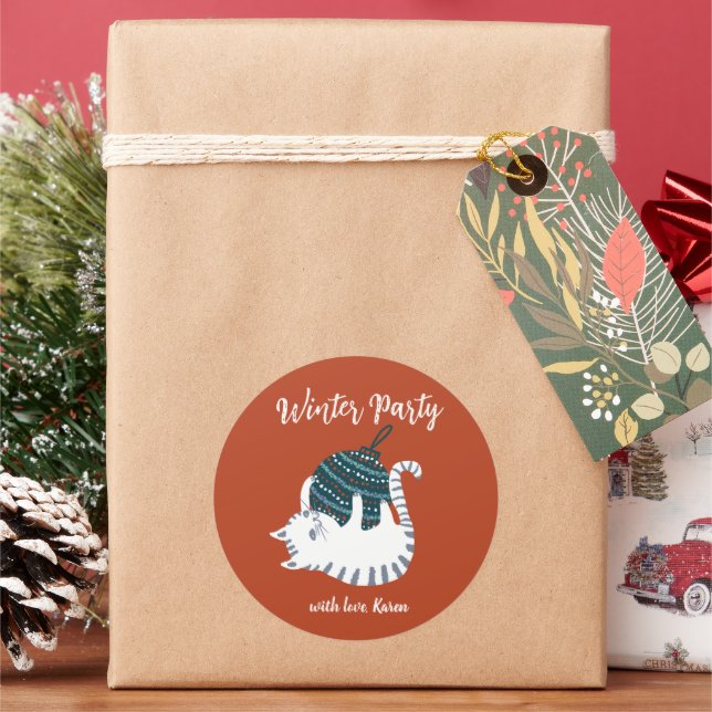 Winter Party Christmas Toy Cat Gift  Classic Round Sticker (Holiday)