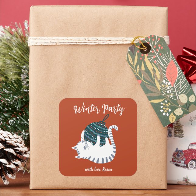 Winter Party Christmas Toy Cat Gift  Square Sticker (Holiday)